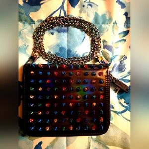 Iridescent Crossbody Wallet w/ Colorful Studs/Zipper & Oil Slick Chain/Hardware